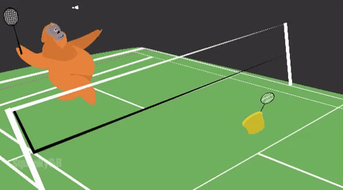 A Cartoon Of An Orangutan Playing Badminton On A Tennis Court GIF