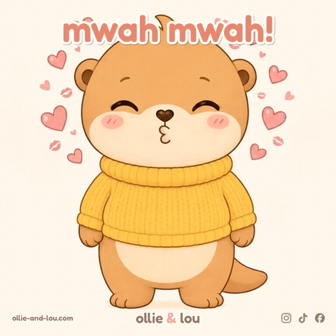 a cartoon of an otter wearing a yellow sweater with the words mwah mwah