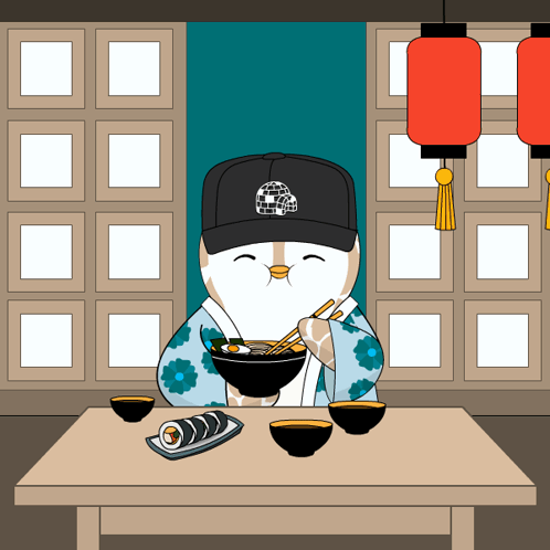 A Cartoon Of An Owl Wearing A Hat And Eating Ramen GIF
