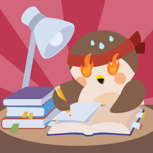 A Cartoon Of An Owl Wearing A Headband With Flames On Its Face GIF