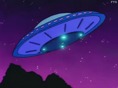 A Cartoon Of An Ufo Flying Through A Purple Sky With Mountains In The Background . GIF