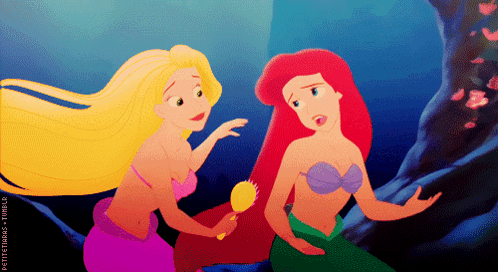 A Cartoon Of Ariel And Rapunzel From The Little Mermaid Looking At Each Other GIF