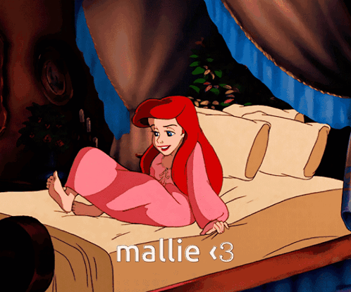 A Cartoon Of Ariel From The Little Mermaid Is Sitting On A Bed With The Words Mallie < 3 Below Her GIF