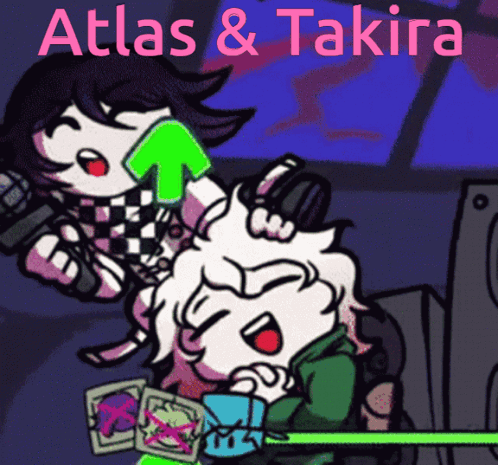 A Cartoon Of Atlas And Takira With A Green Arrow Pointing Upwards GIF