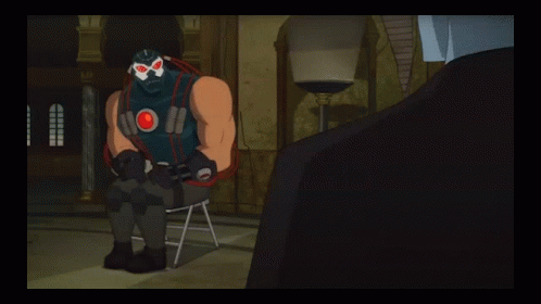 A Cartoon Of Bane Sitting In A Chair With A Man In A Suit Behind Him GIF