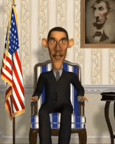 A Cartoon Of Barack Obama Is Sitting In A Chair In Front Of An American Flag GIF