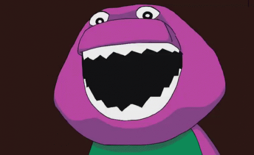 A Cartoon Of Barney With His Mouth Open GIF
