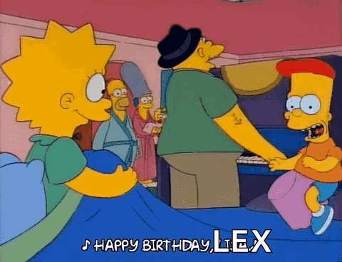 A Cartoon Of Bart Simpson And Lisa Simpson Saying Happy Birthday To Lex GIF