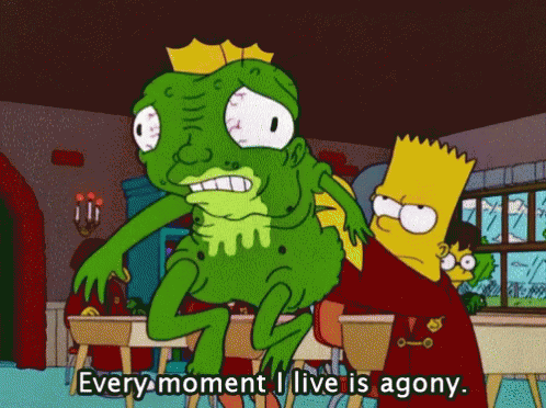 A Cartoon Of Bart Simpson Holding A Green Monster With The Words Every Moment I Live Is Agony GIF