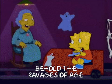 A Cartoon Of Bart Simpson Sitting Next To An Elderly Woman With The Words " Behold The Ravages Of Age " GIF