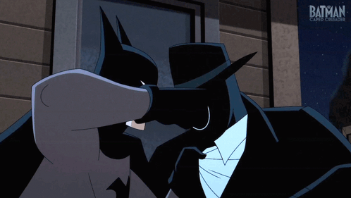 A Cartoon Of Batman And A Shadowy Figure Saying Pow GIF