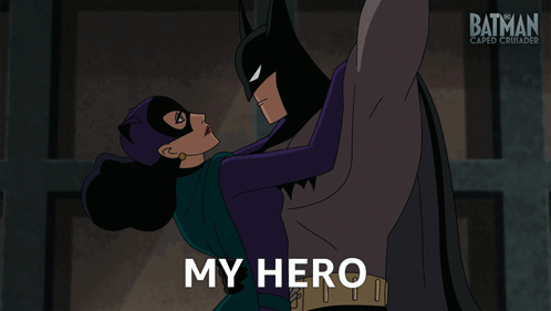 A Cartoon Of Batman And Catwoman Kissing With The Words " My Hero " Below Them GIF