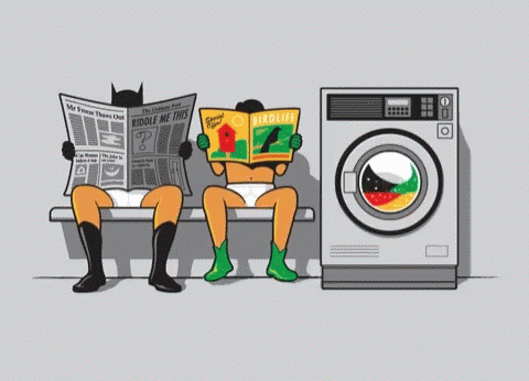 a cartoon of batman and robin reading a magazine next to a washing machine