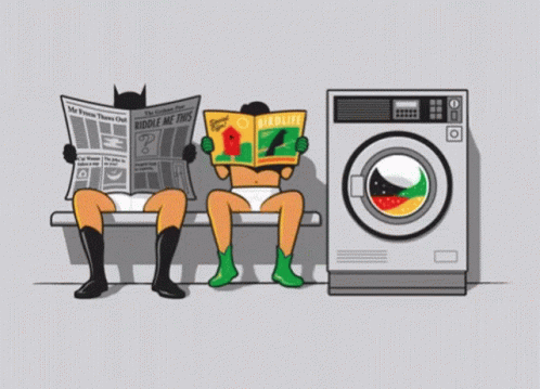 A Cartoon Of Batman And Robin Reading Newspapers Next To A Washer GIF