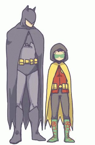 A Cartoon Of Batman And Robin Standing Next To Each Other On A White Background GIF