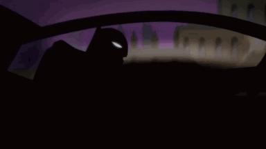 A Cartoon Of Batman Driving A Car With Wings . GIF