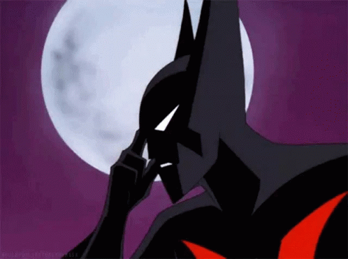 A Cartoon Of Batman Scratching His Head With His Hand In Front Of A Full Moon . GIF
