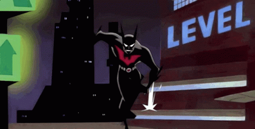 A Cartoon Of Batman Standing In Front Of A Building That Says Level GIF