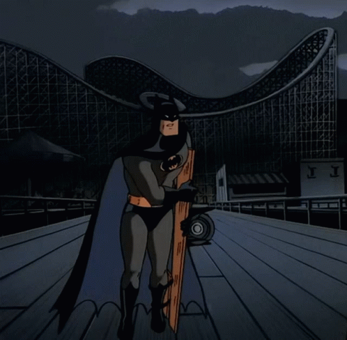 A Cartoon Of Batman Standing On A Pier Holding A Bat GIF