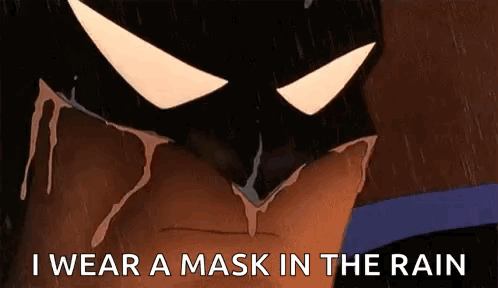 A Cartoon Of Batman Wearing A Mask In The Rain GIF