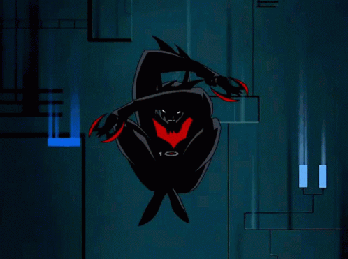 A Cartoon Of Batman With A Red Stripe On His Chest Is Standing In A Dark Room GIF
