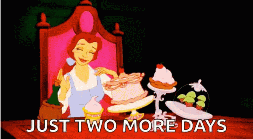 A Cartoon Of Belle From Beauty And The Beast Holding A Cake With The Words Just Two More Days Below Her GIF