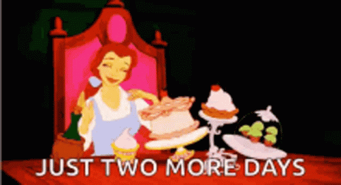 A Cartoon Of Belle From Beauty And The Beast Sitting At A Table With Cupcakes And A Cake GIF