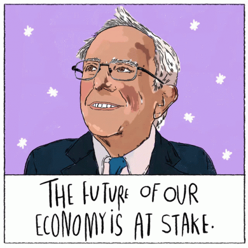 a cartoon of bernie sanders with the words " the future of our economy is at stake " below him
