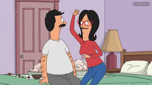 A Cartoon Of Bob 'S Burgers Shows A Man And A Woman Dancing On A Bed GIF