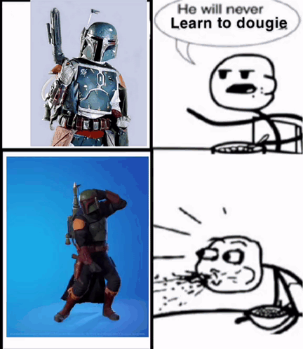 A Cartoon Of Boba Fett With A Speech Bubble That Says He Will Never Learn To Dougie GIF