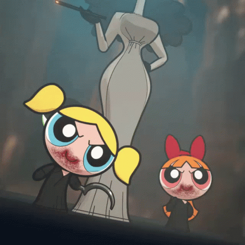 A Cartoon Of Bubbles And Blossom Standing Next To A Statue Of A Woman GIF