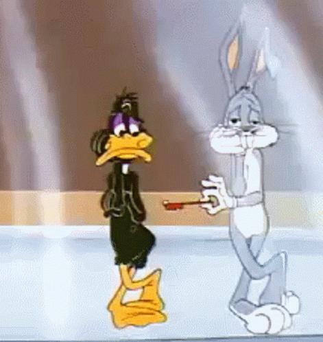 a cartoon of bugs bunny and daffy duck standing next to each other on ice .