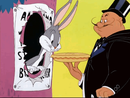 A Cartoon Of Bugs Bunny Holding A Pie Next To A Man GIF
