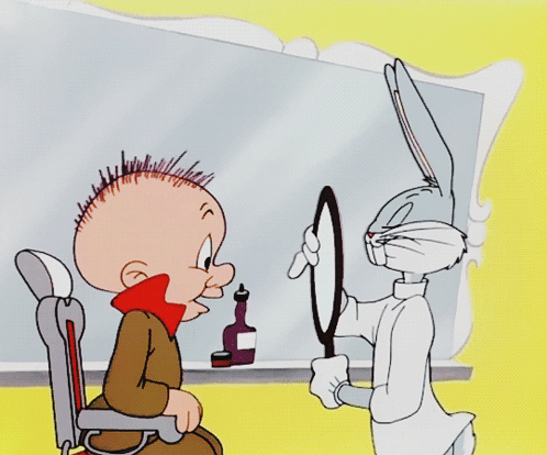 A Cartoon Of Bugs Bunny Holding A Steering Wheel Next To A Bald Man With Red Flowers On His Head GIF