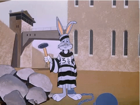 A Cartoon Of Bugs Bunny In A Jail Cell Holding A Hammer With The Number 3 1/2 On His Shirt GIF