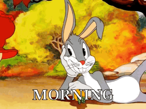 A Cartoon Of Bugs Bunny Laying Down With The Words Morning Behind Him GIF