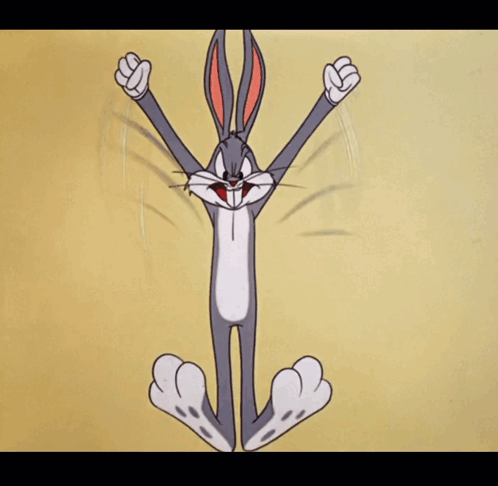 A Cartoon Of Bugs Bunny Sitting In A Lotus Position With His Fists In The Air GIF