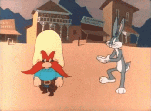 A Cartoon Of Bugs Bunny Standing Next To A Man With A Beard GIF