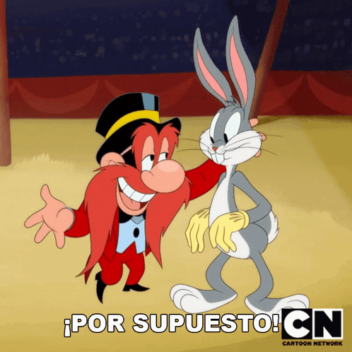 A Cartoon Of Bugs Bunny Standing Next To A Man With A Top Hat And The Words Por Supuesto Cn Below Them GIF