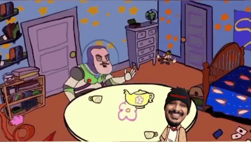 A Cartoon Of Buzz Lightyear Sitting At A Table Next To A Man Wearing A Black Beanie GIF