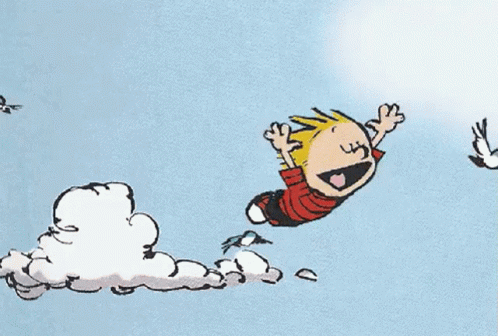 A Cartoon Of Calvin And Hobbes Running In The Sky GIF