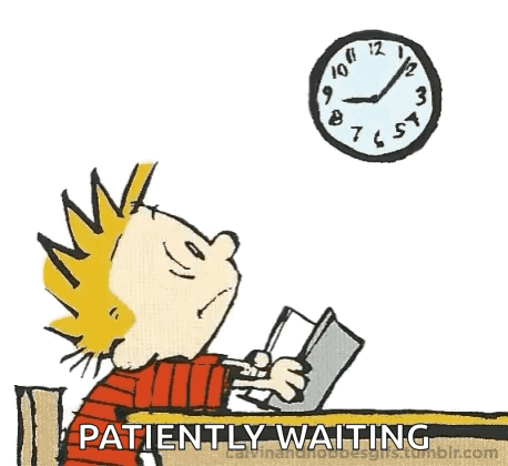 A Cartoon Of Calvin And Hobbes Sitting At A Table Waiting GIF