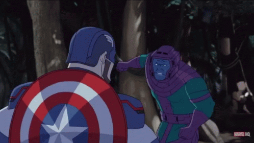 A Cartoon Of Captain America And Kang The Conqueror Fighting GIF