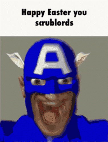 A Cartoon Of Captain America With The Words Happy Easter You Scrublords Below Him GIF