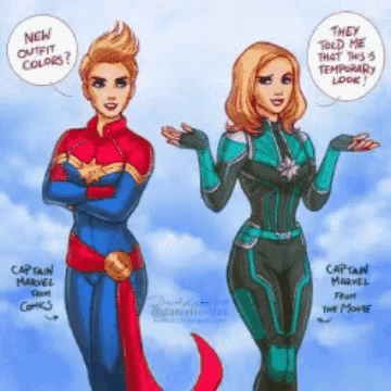 A Cartoon Of Captain Marvel From The Movie And Captain Marvel From The Comic Book GIF