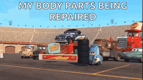 A Cartoon Of Cars Being Repaired In A Parking Lot With The Caption `` My Body Parts Being Repaired '' . GIF