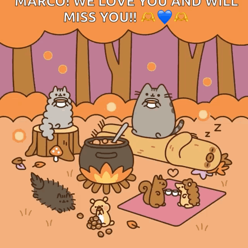 A Cartoon Of Cats And Squirrels With The Words Marco We Love You And Will Miss You At The Top GIF