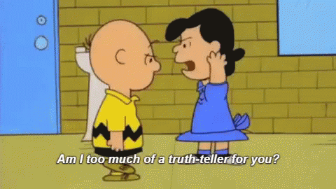 A Cartoon Of Charlie Brown And Lucy Brown Standing Next To Each Other And Talking . GIF