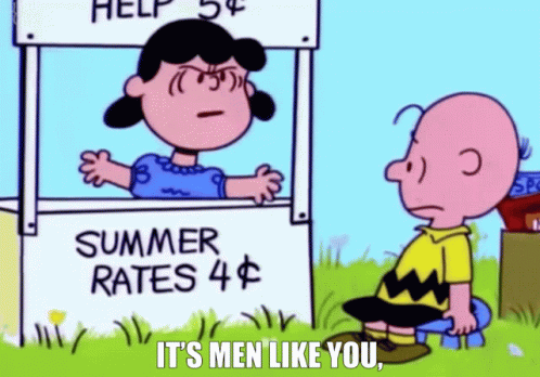 A Cartoon Of Charlie Brown And Lucy Brown Talking To Each Other GIF