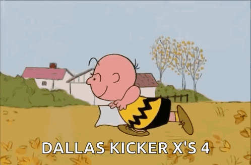 A Cartoon Of Charlie Brown And Lucy Brown With The Words Dallas Kicker X 'S 4 On The Bottom GIF